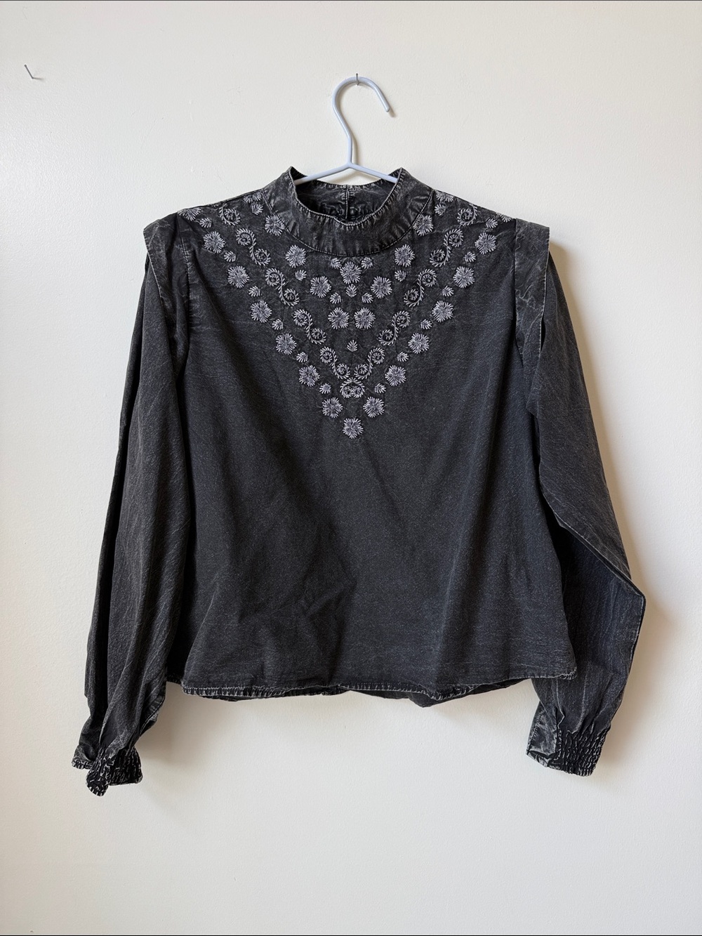 STR Embroidered acid wash cotton mock neck top
